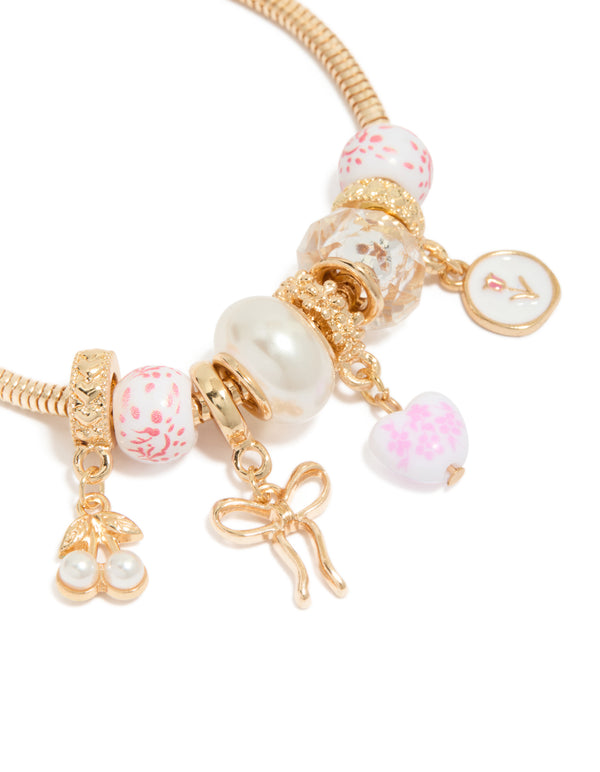 Gold Floral Heart & Pink Painted Beaded Charm Bracelet