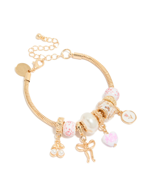 Gold Floral Heart & Pink Painted Beaded Charm Bracelet