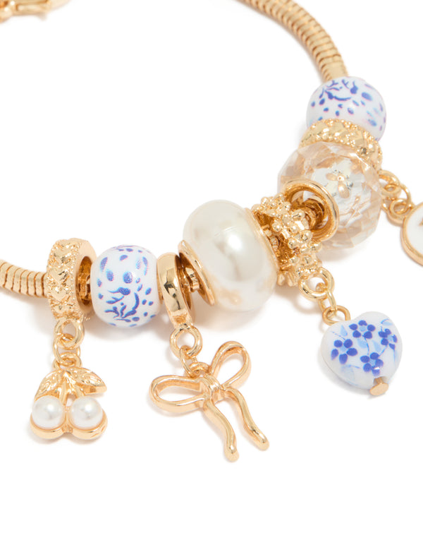 Gold Floral Heart & Painted Beaded Charm Bracelet