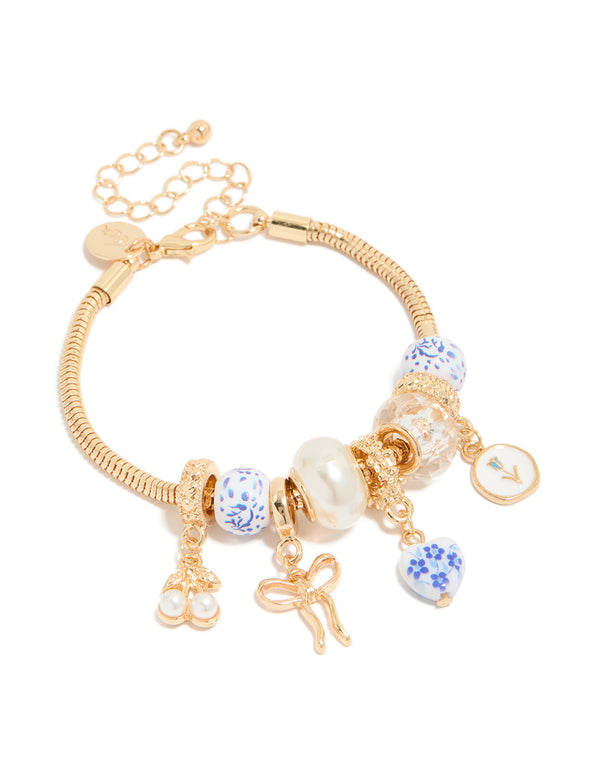Gold Floral Heart & Painted Beaded Charm Bracelet