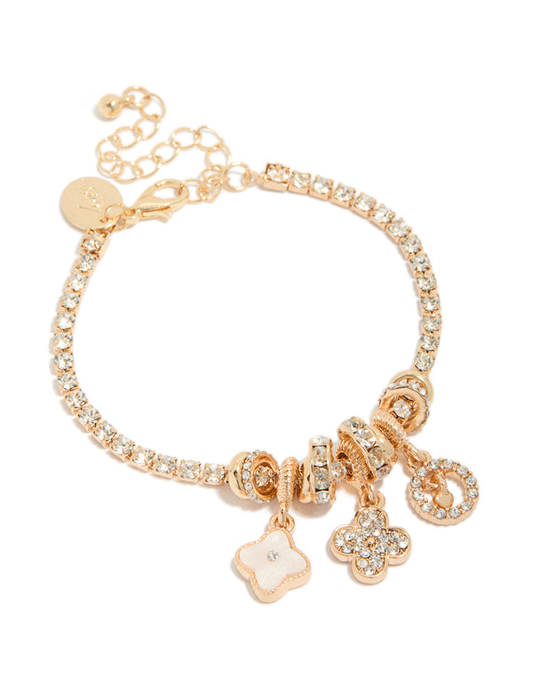 Gold Diamante Flower Charms Tennis Bracelet