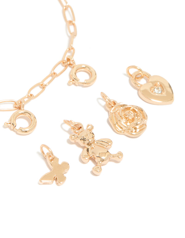 Gold Bear & Heart Lock Charm Bracelet