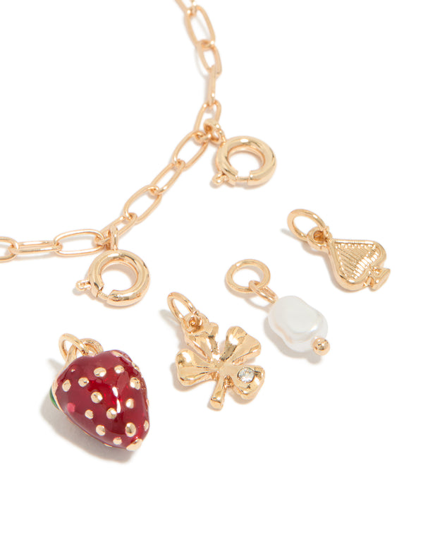 Gold Strawberry & Club Charm Bracelet