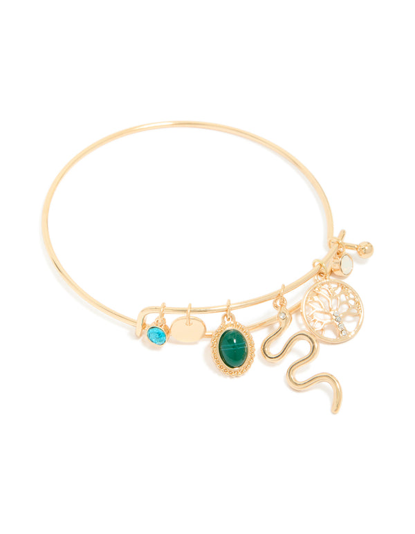 Showcasing a gold snake and tree of life charm bangle featuring opal accents front view