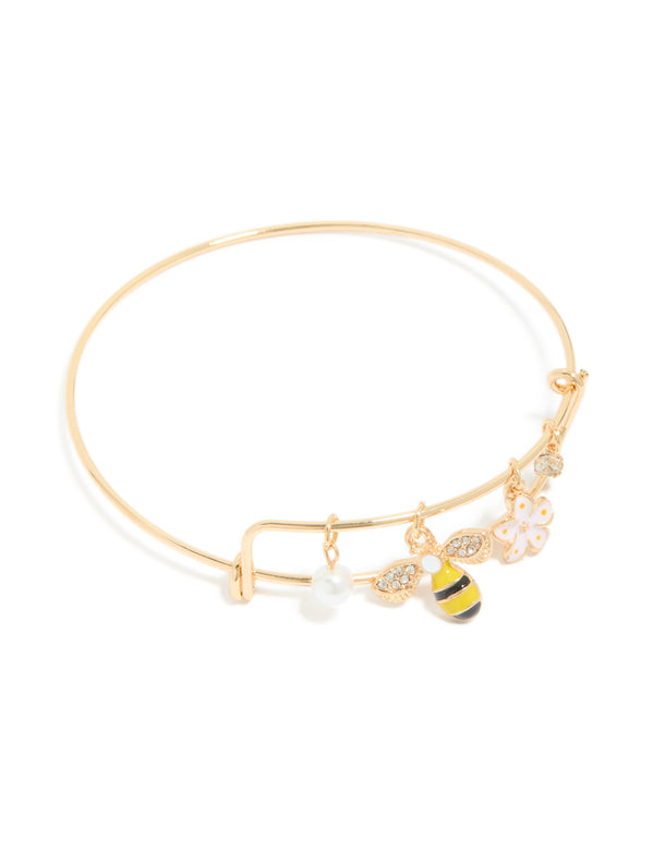 Gold Bee & Flower Charm Bangle