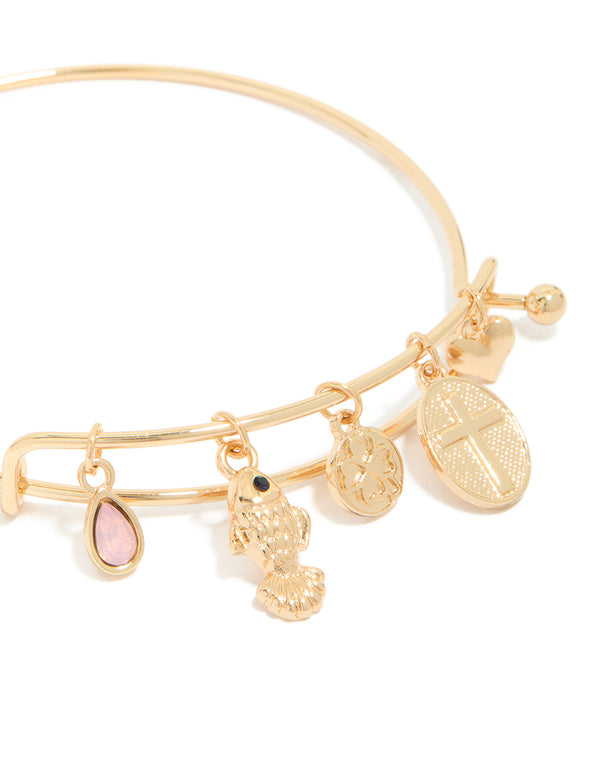 Gold Cross & Fish Charm Bangle