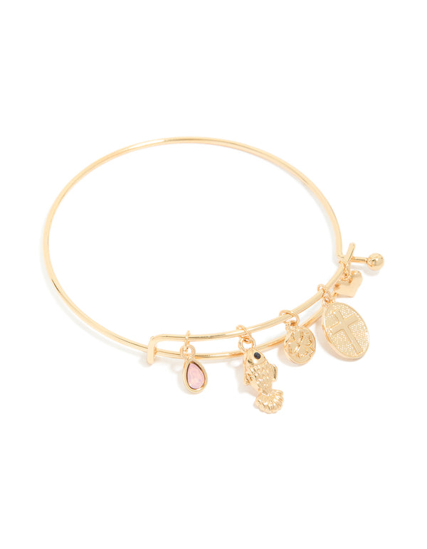 Gold Cross & Fish Charm Bangle