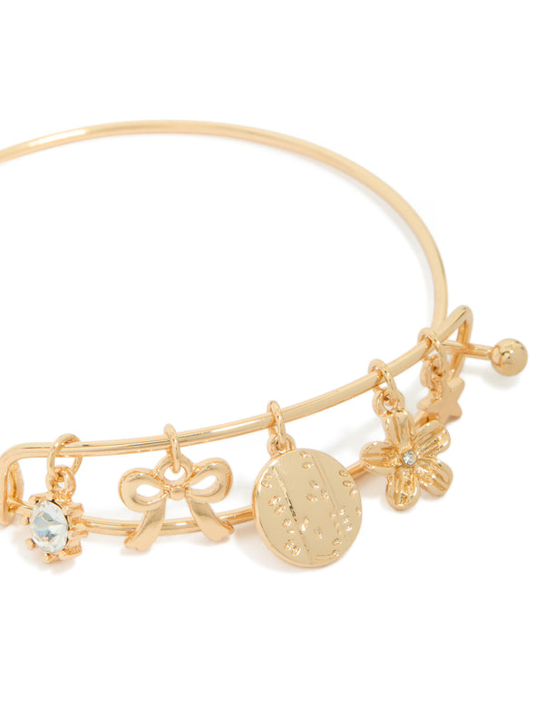 Gold Diamante Bow & Flower Charm Banglle