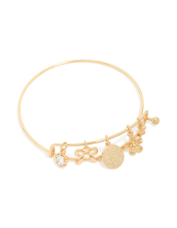 Gold Diamante Bow & Flower Charm Banglle