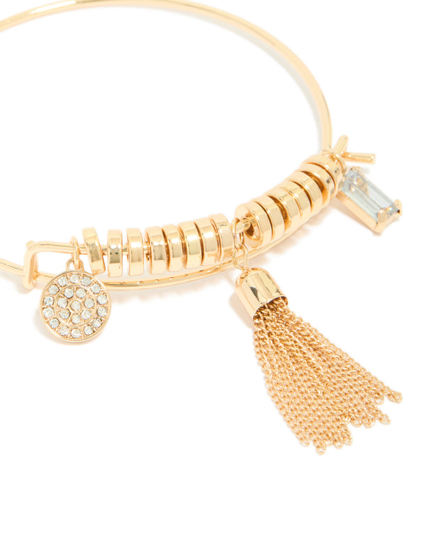 Gold Tassel & Diamante Charm Bangle