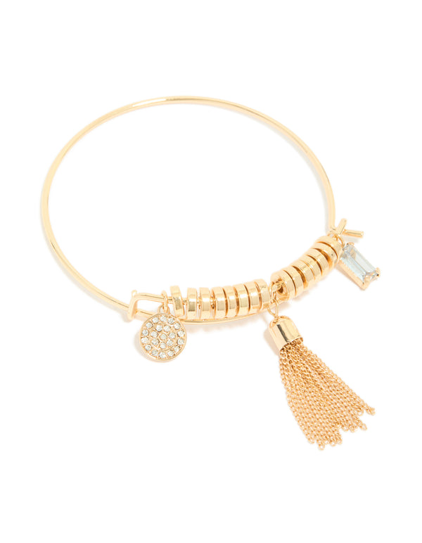 Gold Tassel & Diamante Charm Bangle