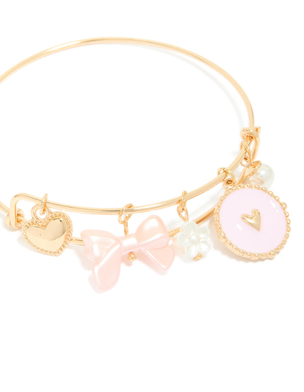 Gold Bow, Heart & Pearl Charm Bangle