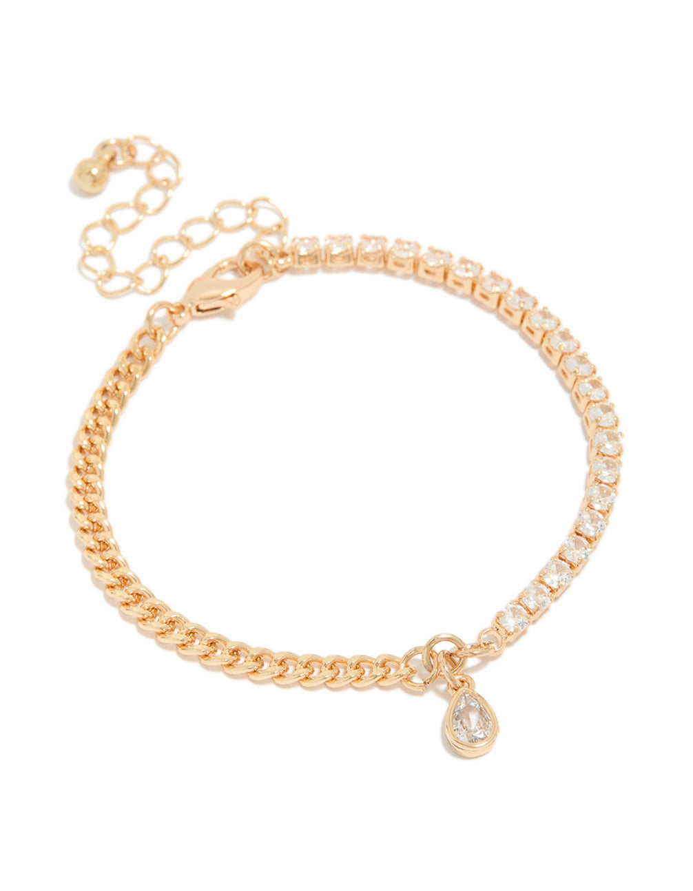 Gold Half Teardrop Cubic Zirconia Tennis & Half Chain Bracelet