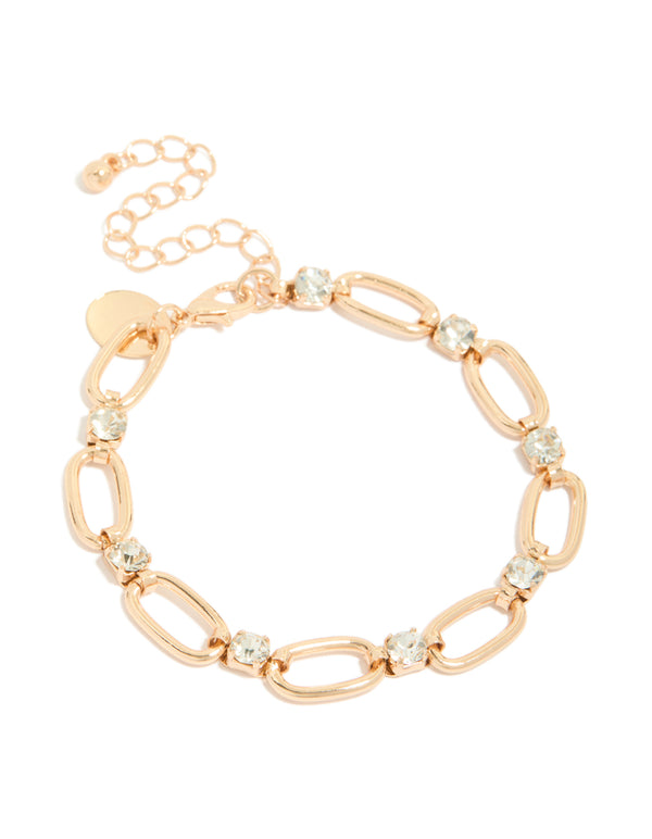 Showcasing a gold oval chain bracelet with diamante accents front view