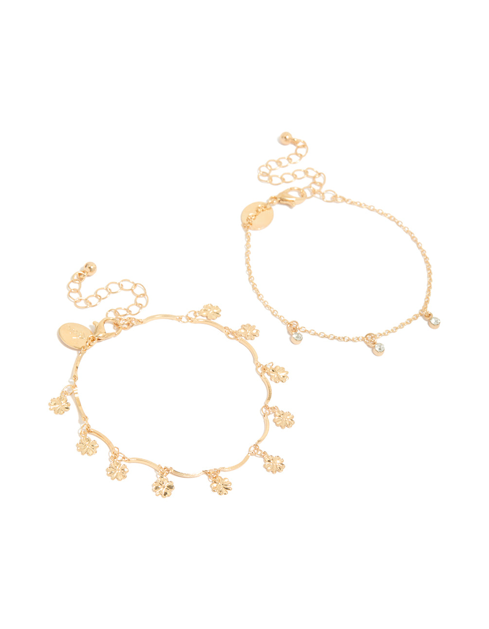 Gold Diamante & Clover Charm Station Bracelets 2-Pack