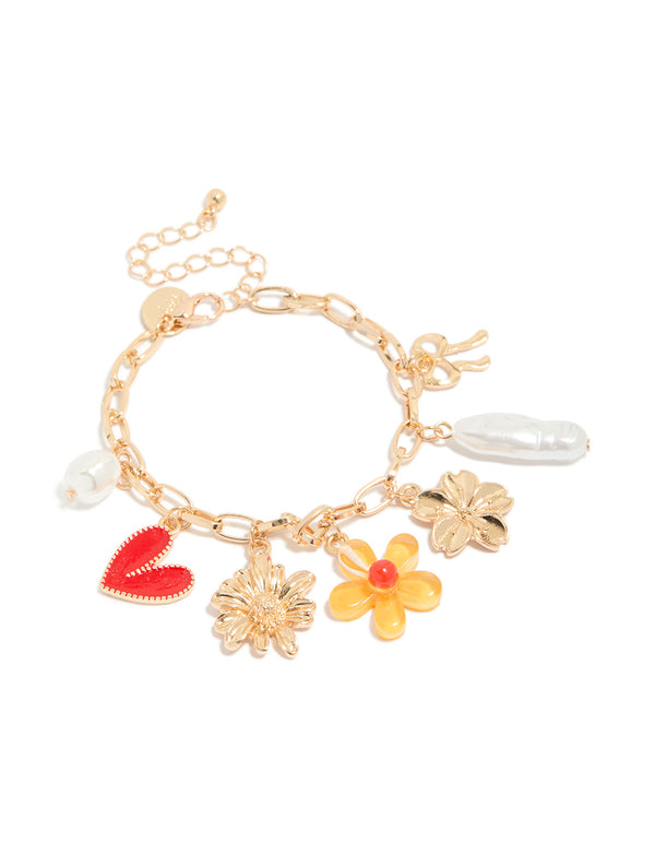 Gold Flower Pearl Heart Charm Bracelet
