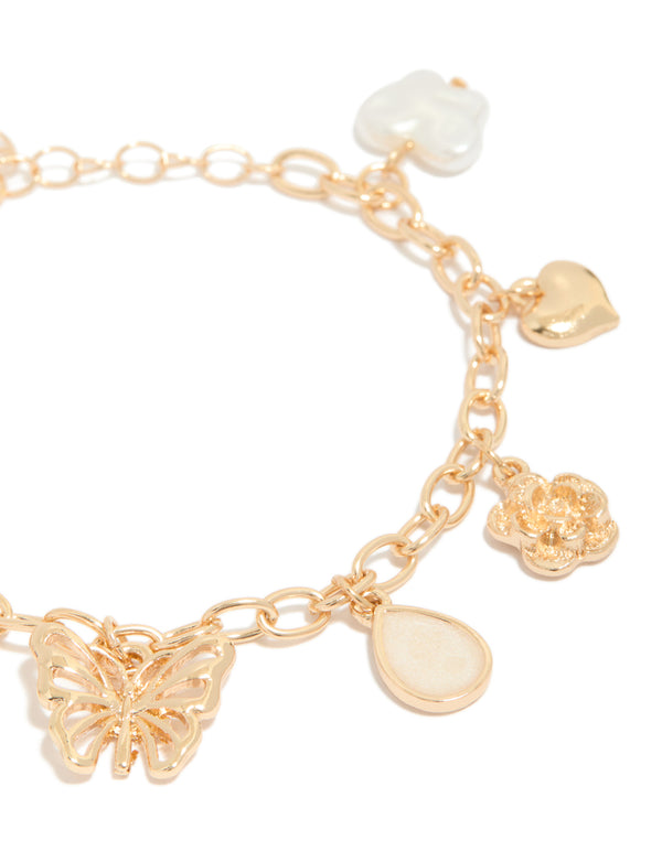 Gold Cross & Butterfly Charm Bracelet