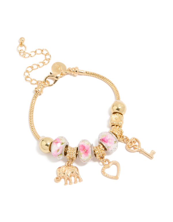 Gold Elephant & Key Charm Bracelet