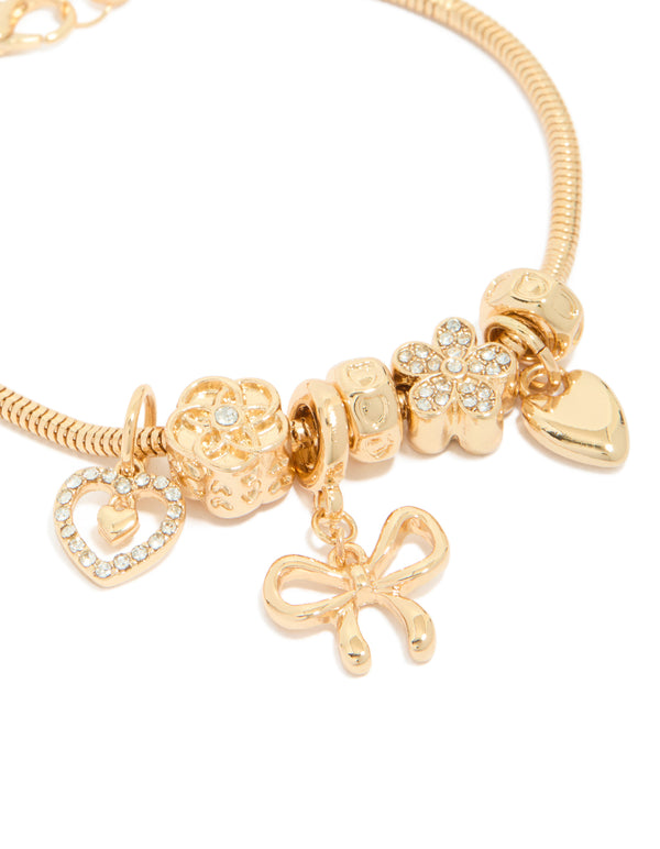 Gold Bow & Heart Diamante Charm Bracelet