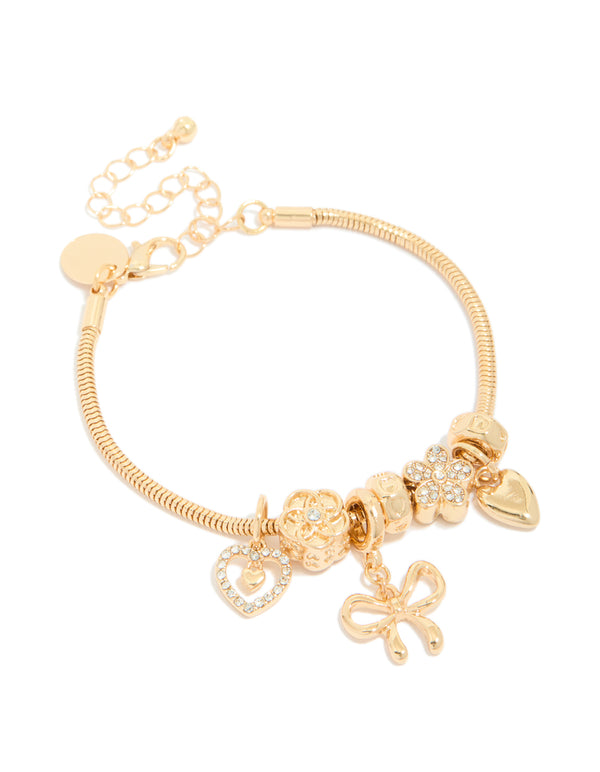 Gold Bow & Heart Diamante Charm Bracelet