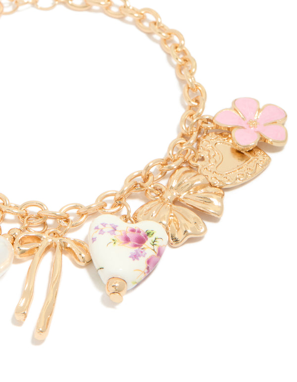 Gold Floral Bow Pearl Charm Bracelet
