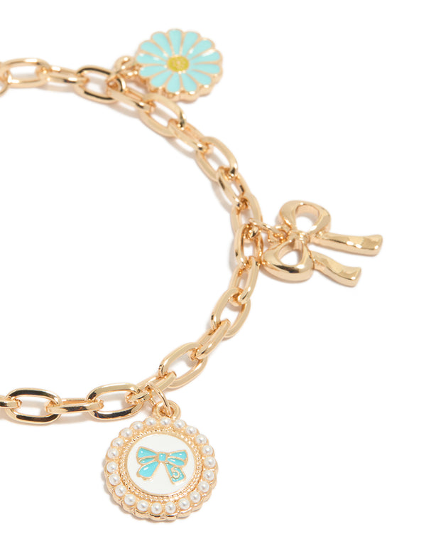 Gold Daisy,Bow & Heart Charm Bracelet