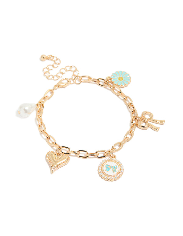 Gold Daisy,Bow & Heart Charm Bracelet