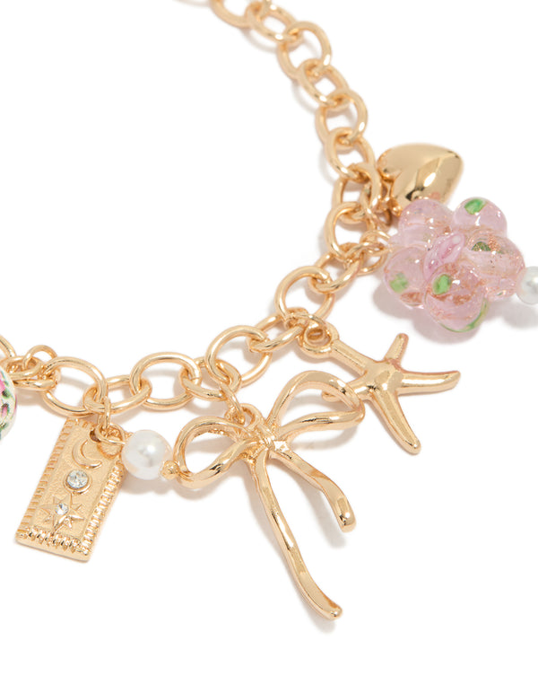 Gold Flower Bow & Star Charm Bracelet