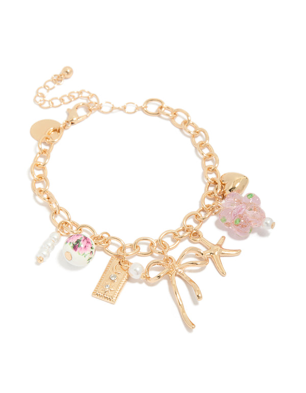 Gold Flower Bow & Star Charm Bracelet