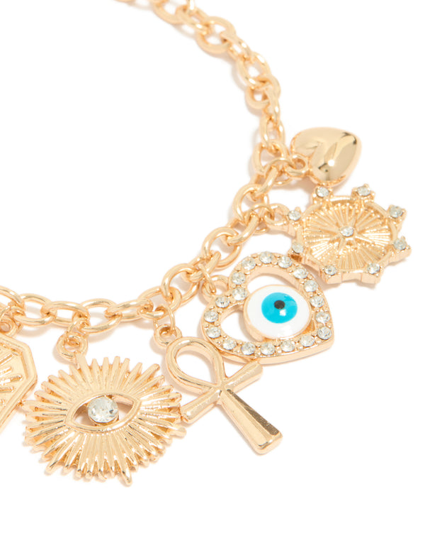 Gold Pearl & Evil Eye Charms Bracelet