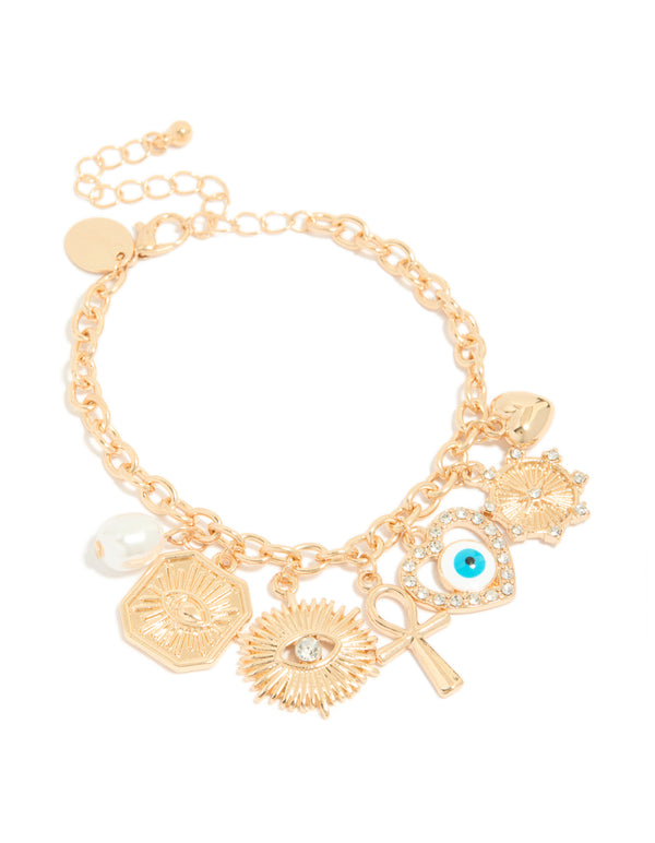 Gold Pearl & Evil Eye Charms Bracelet