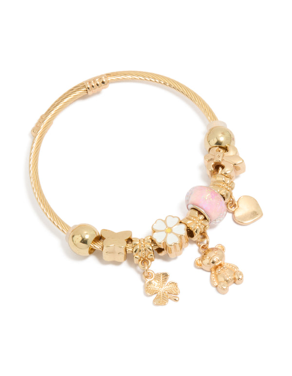 Gold Bear & Clover Charm Bracelet