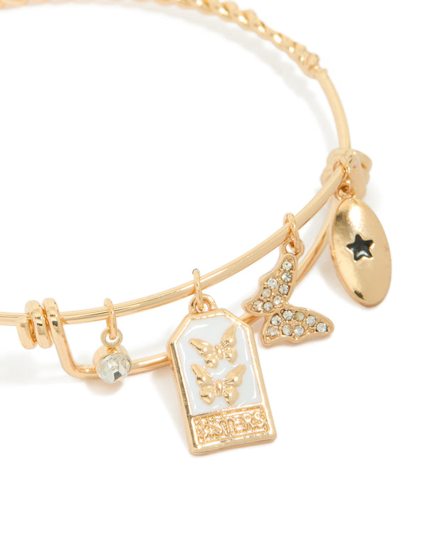 Gold Diamante Butterfly Charm Bangle