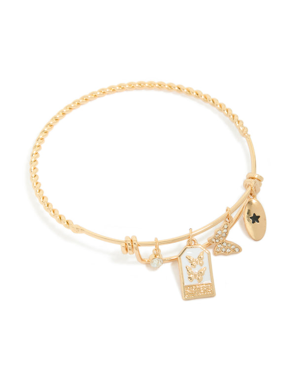 Gold Diamante Butterfly Charm Bangle