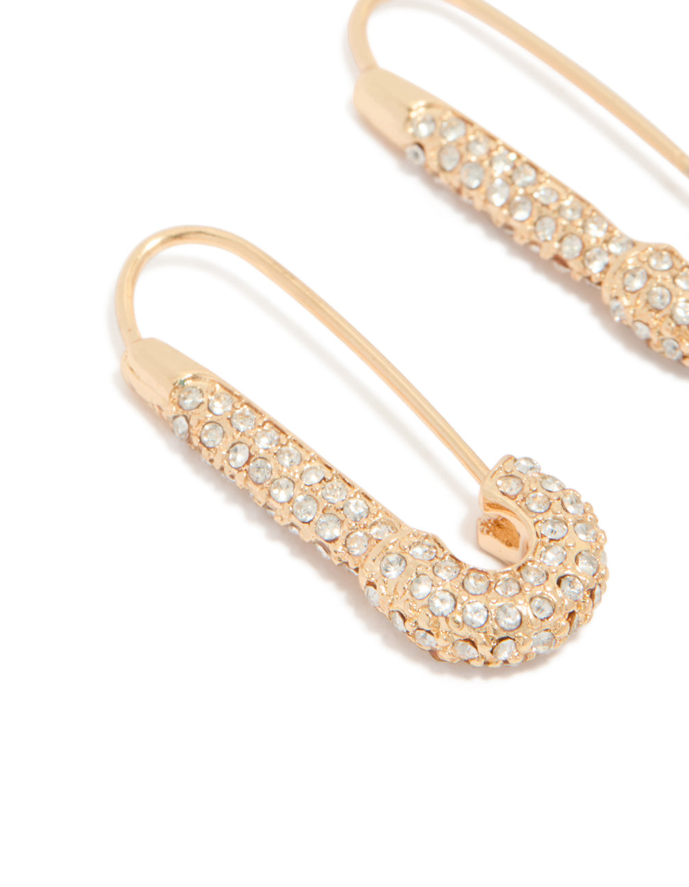 Crafted with gold diamante safety pin hoop earrings featuring clear stones in a close up view