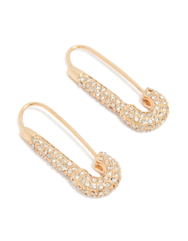 Showcasing gold diamante safety pin hoop earrings with sparkling clear stones in a front view