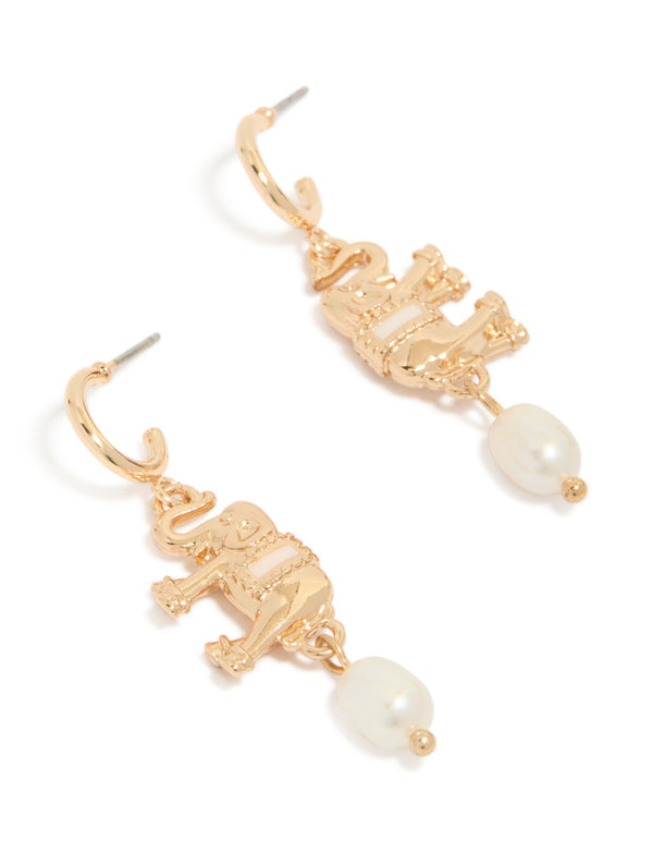 Presenting gold hoop earrings featuring a freshwater pearl and an animal elephant charm with ivory accents, front view