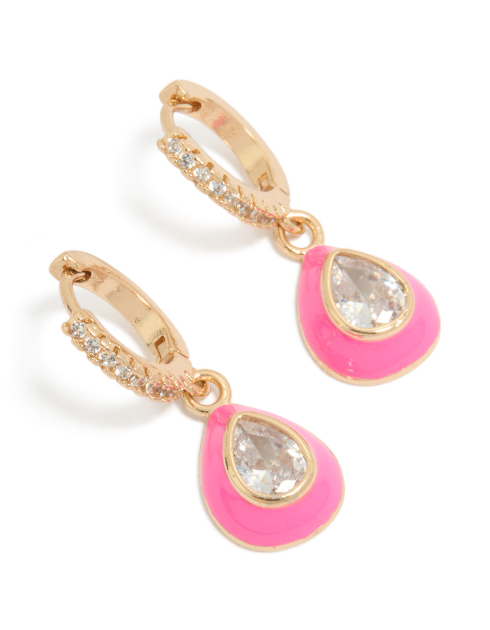 Statement huggie earrings featuring cubic zirconia and pink enamel outer oval drops in gold front view