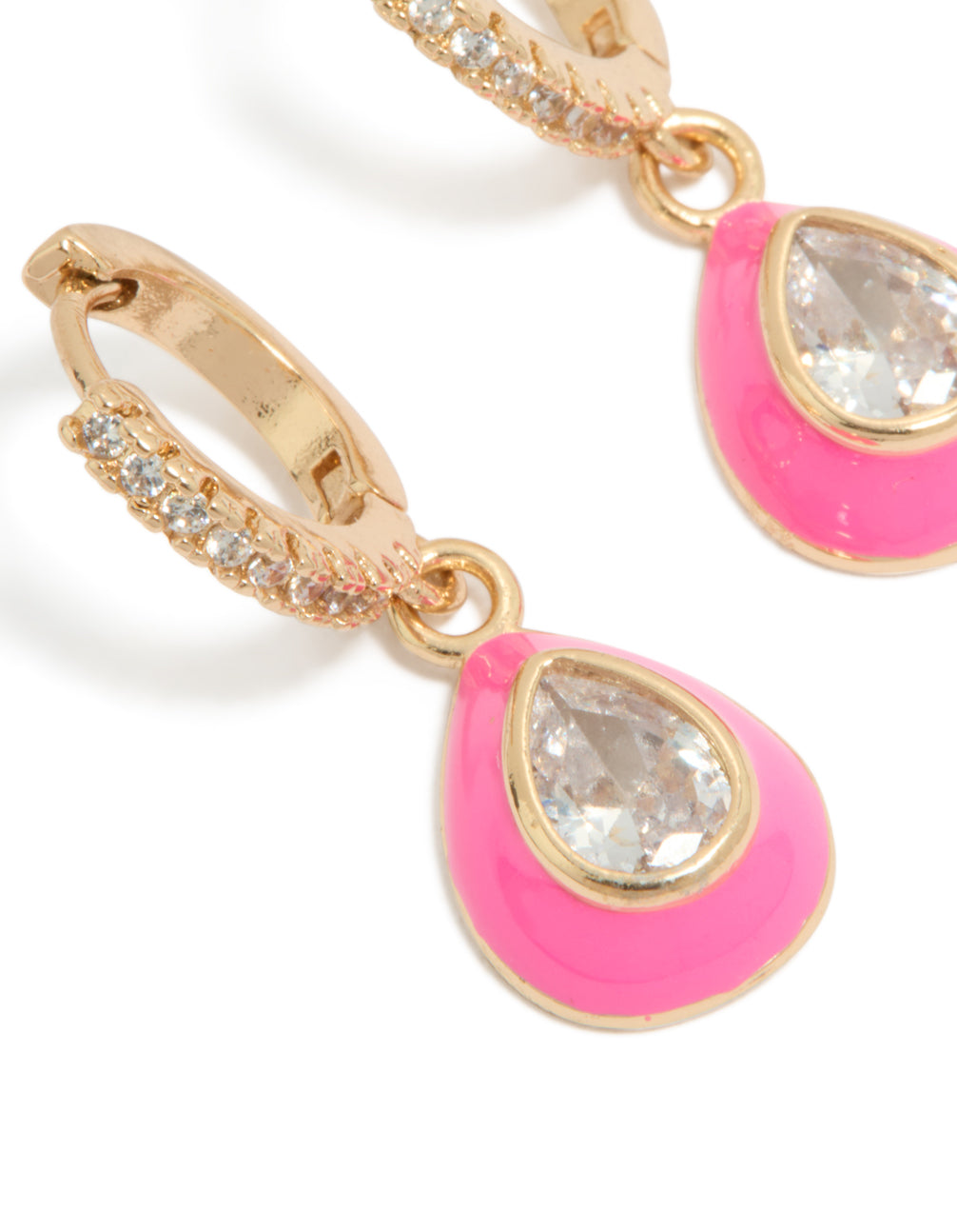Crafted from cubic zirconia and enamel with hot pink oval teardrop design in gold close up view