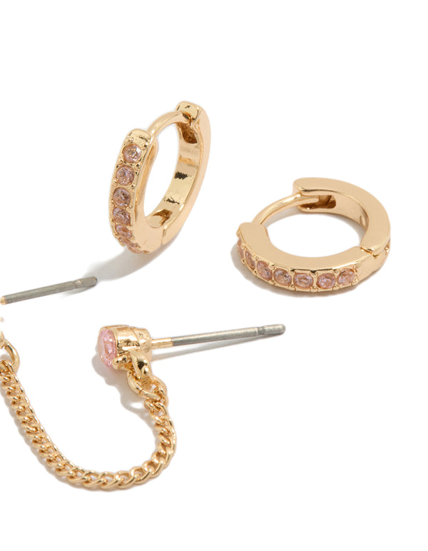 Explore gold pink cubic zirconia chain flower and huggie earrings pack with floral featuring crystal embellishments and stud closures post detail view