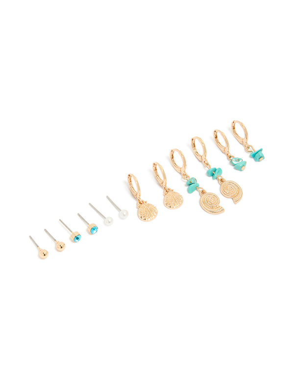 Discover this gold sea life stud and hoop earrings 6-pack featuring shell charms with turquoise beads, pearl studs, and ocean-inspired design front view