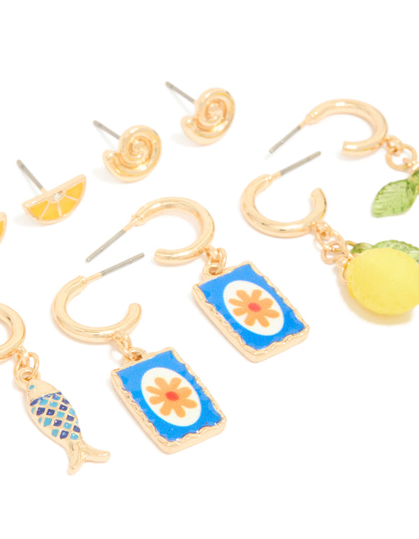 Displaying gold lemon holiday stud and hoop earrings 6-pack ocean, fruit, shell, floral and charm in yellow blue lime green post detail view