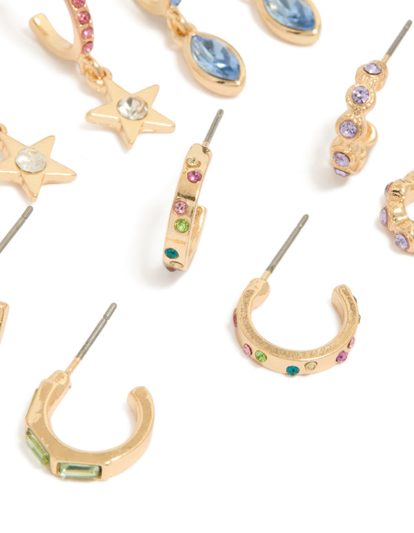 Designed with gold multicoloured diamante hoop earrings featuring celestial star charms in pink, light blue, and green 6-pack detail view