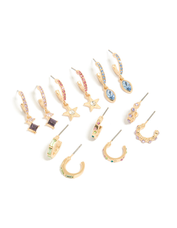 Gold Multicoloured Diamante Hoop Earrings 6-Pack