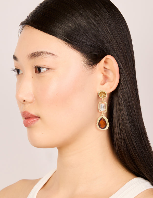 Gold Brown Diamantes Drop Earrings