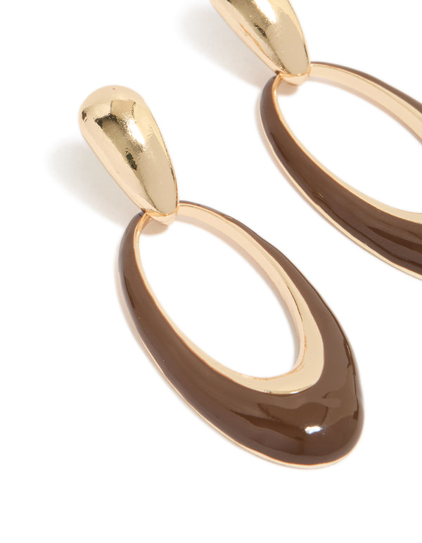 Gold Brown Enamel Oval Drop Earrings