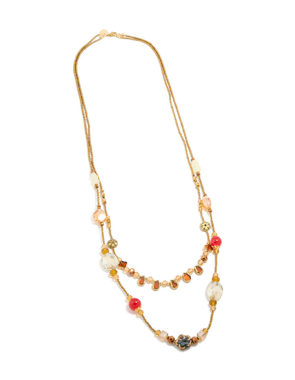 Gold Long Acrylic & Glass Stone Beaded Necklace