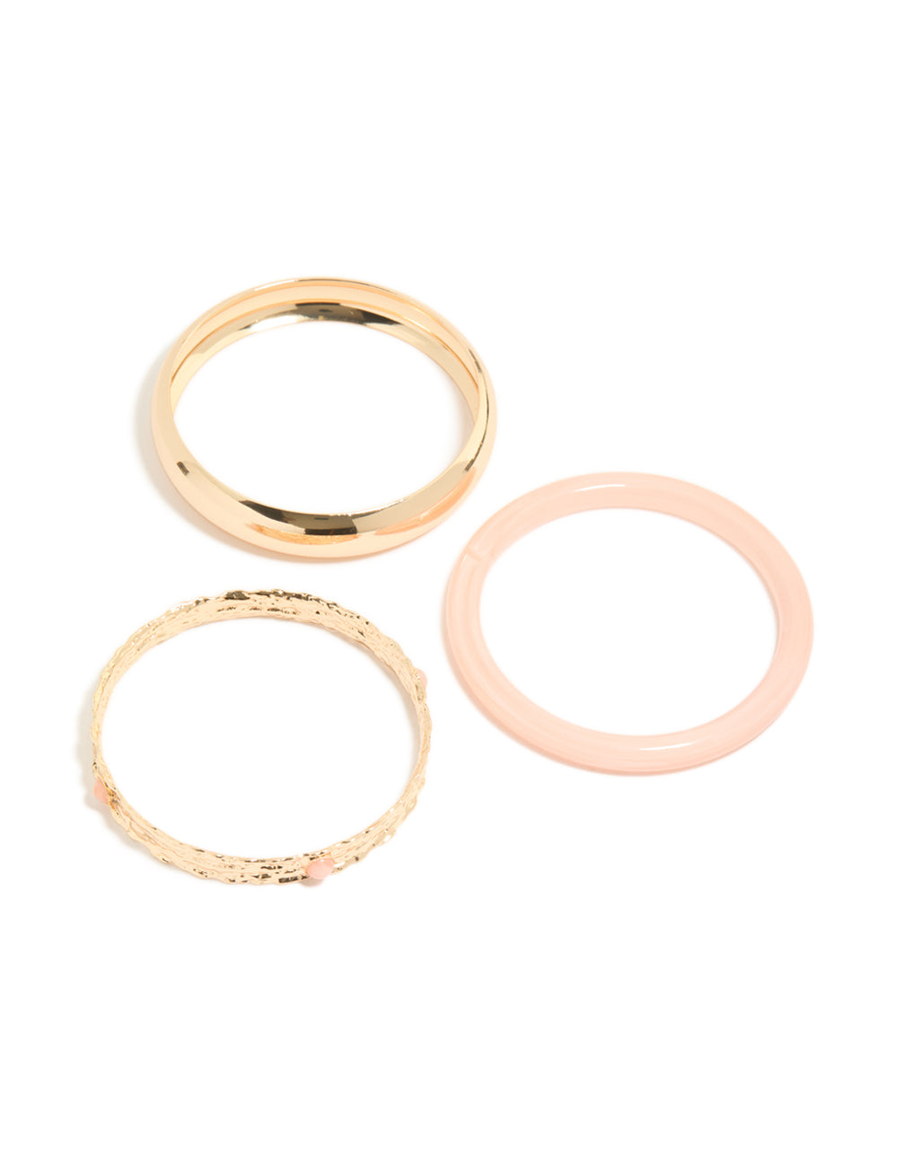 Discover chunky gold textured and resin bangles in a 3-pack with peachpuff accents front view