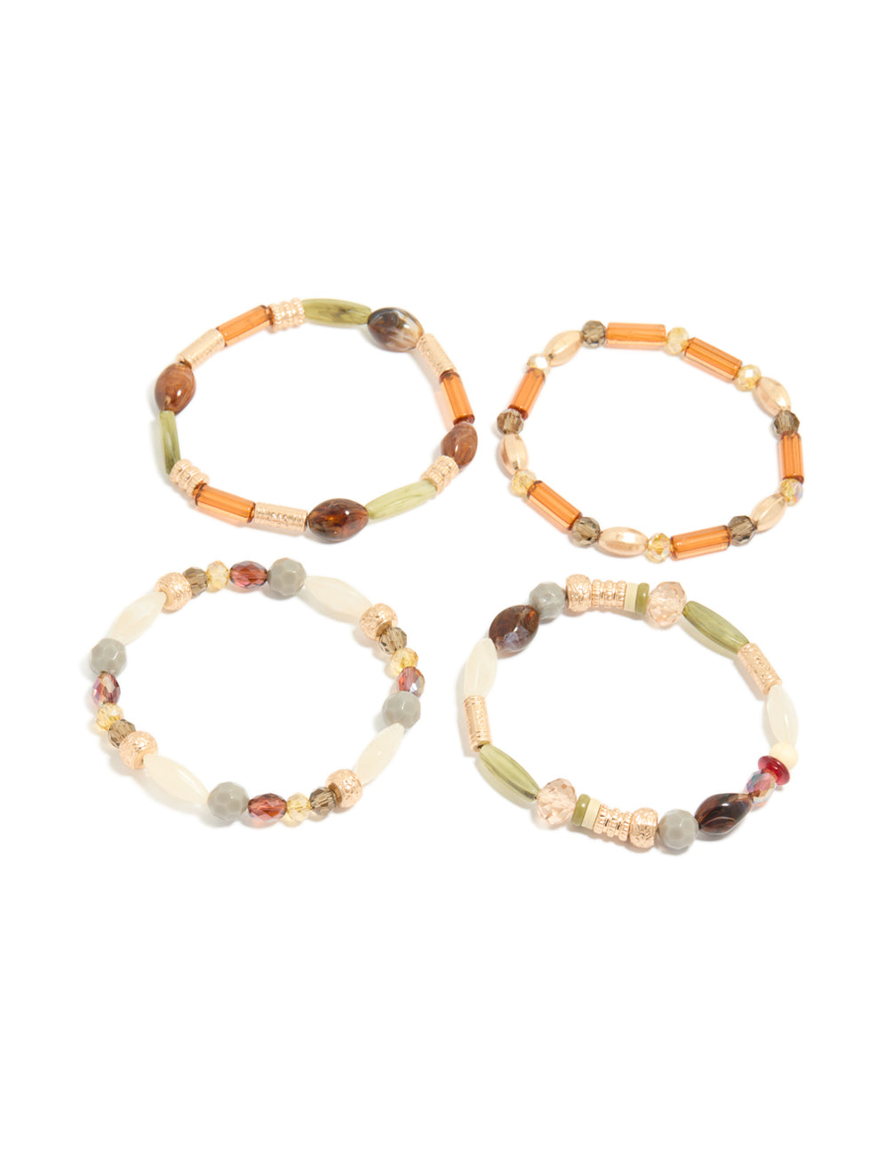 This set presents neutral acrylic irregular beaded stretch bracelets in a 4-pack, featuring chunky beads with olive, orange, and sienna tones front view