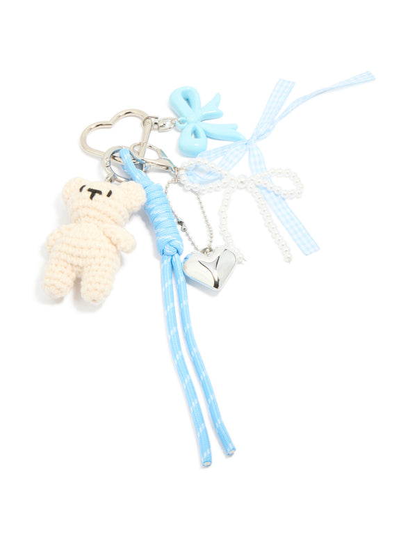 Cream Crochet Bear & Blue Bows Key Chain